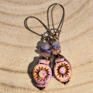 Handcrafted Handpainted  Rustic Lavender Stonewear In Clay In Copper Earrings